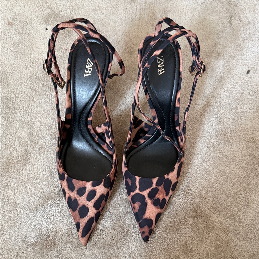 ZARA Leopard-Print Pointed Slingback Heels - Brown & Black